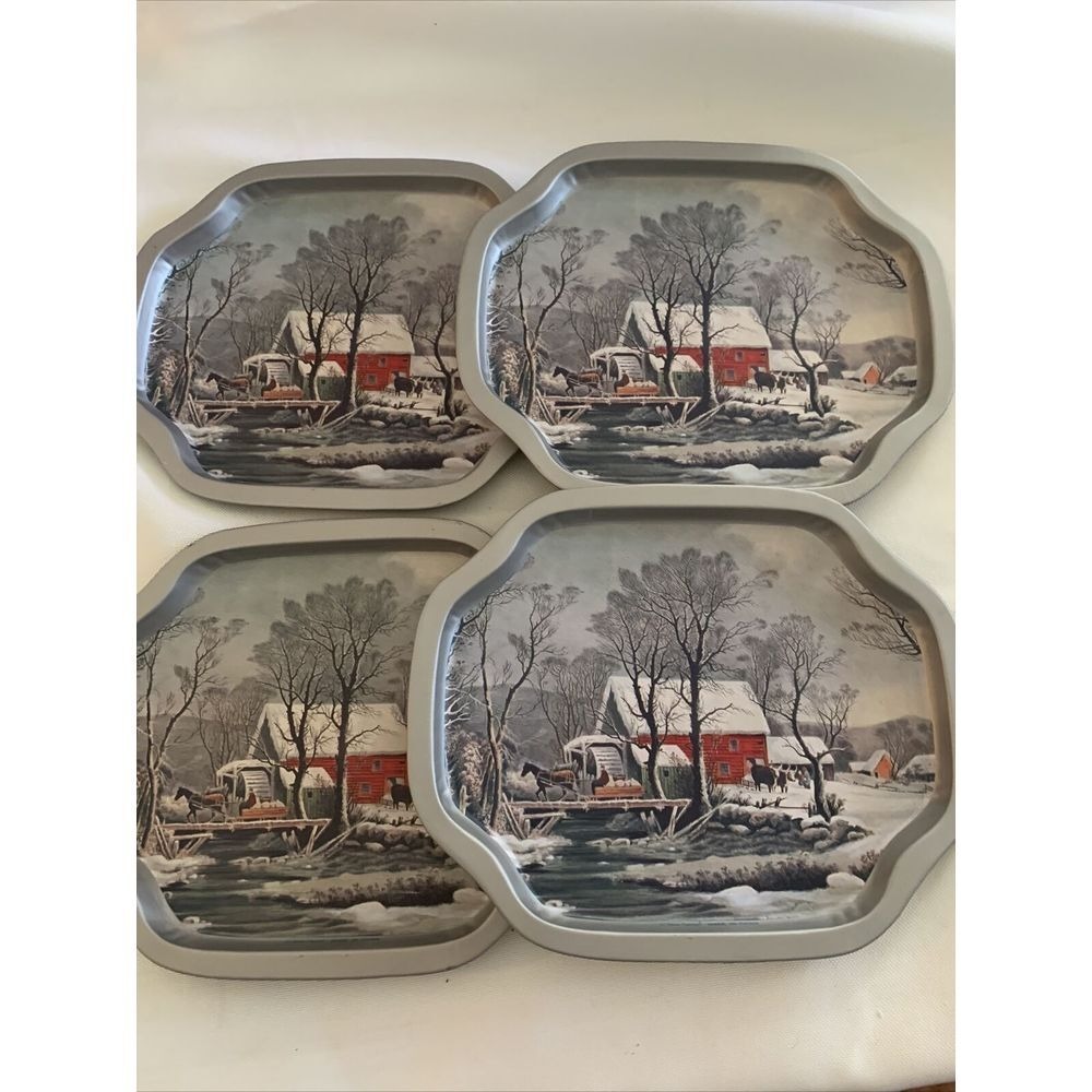 Vintage Currier and Ives Snack Tray Metal Tins - Set of 4 Winter‎ Barn Trays